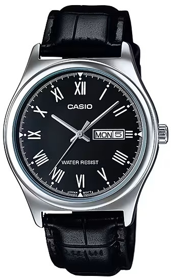 CASIO COLLECTION Mod. DAY DATE, ROMAN INDEXES, LEATHER - BLACK
