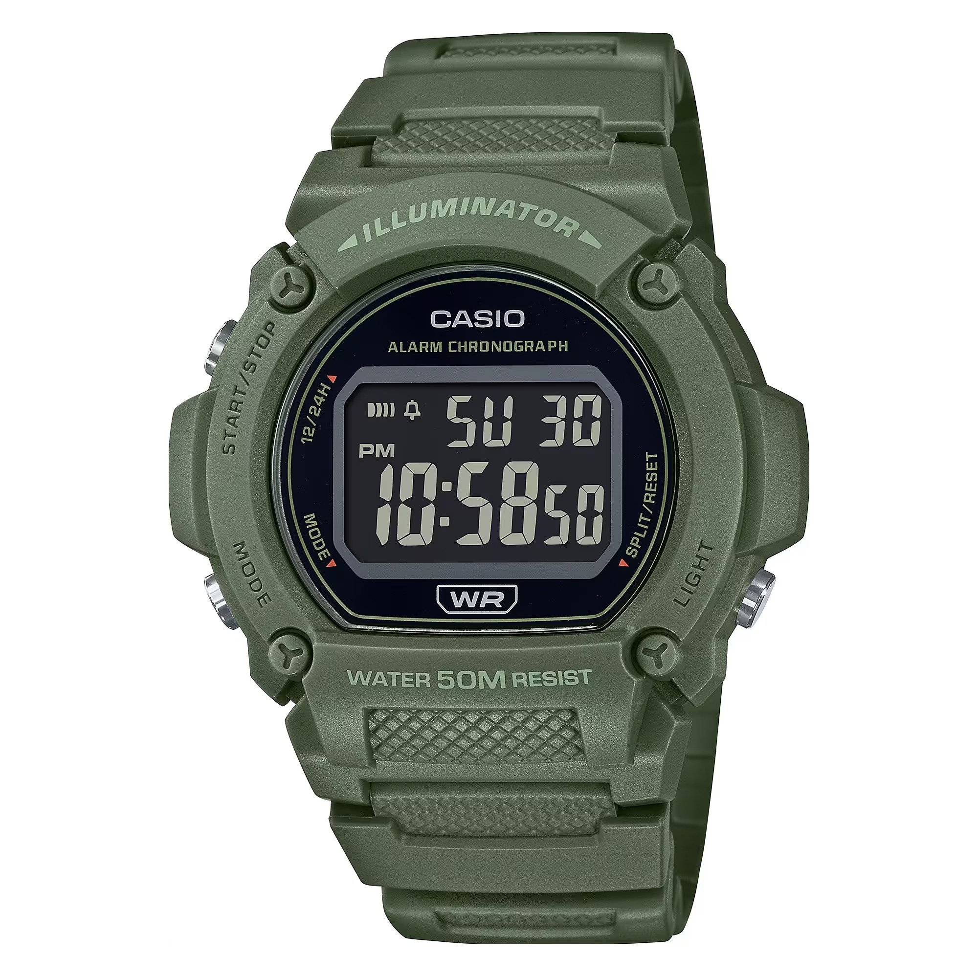 CASIO TIMELESS COLLECTION Mod. SPORT- ILLUMINATOR, WR 50M, ALARM, CHRONOGRAPH - ARMY GREEN - COLORED SERIE