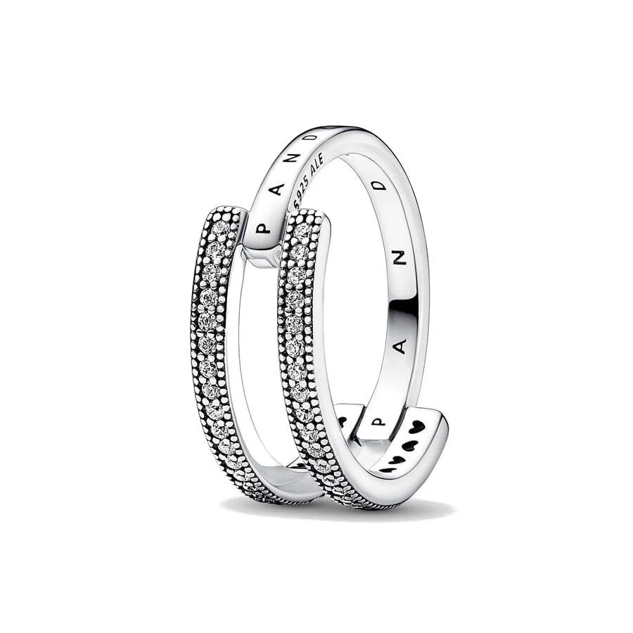 PANDORA JEWELS Mod. SIGNATURE LOGO & PAVE DOUBLE BAND - RING - Size 52 ***SPECIAL PRICE***